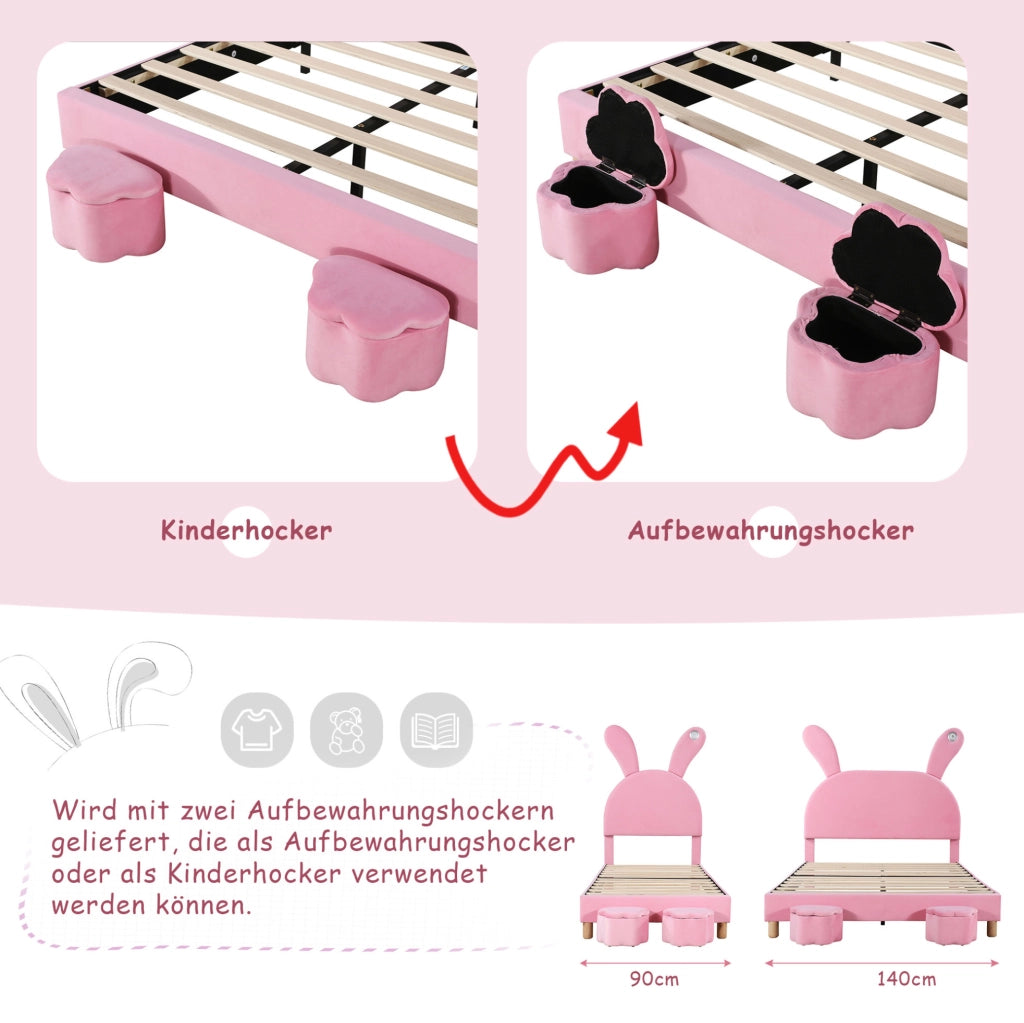Letto rosa 90 x 200 cm con LED, panche contenitore e orecchie pieghevoli