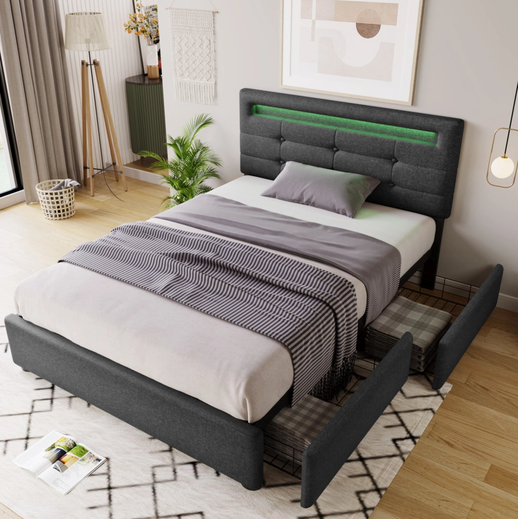 Letto singolo imbottito 90x200 cm con LED e 2 cassetti