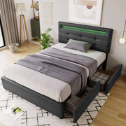 Letto singolo imbottito 90x200 cm con LED e 2 cassetti