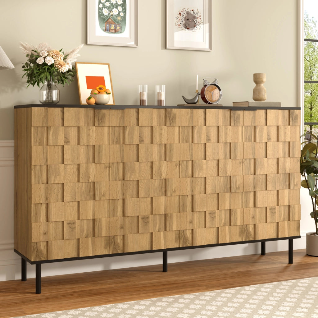 Sideboard con ante mosaico; 160 x 35 x 80;5 cm; in truciolare effetto legno naturale con piedi in metallo nero