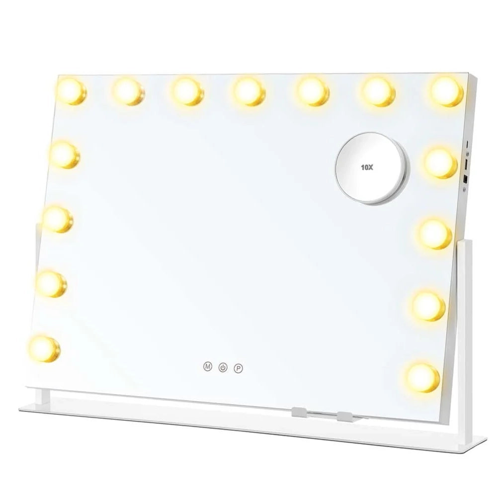 Specchio da toeletta con controllo touch 15 lampadine LED porte di ricarica specchio ingranditore 10x staccabile 3 temperature di colore supporto per telefono 58 x 43 cm bianco opaco 12_0006596