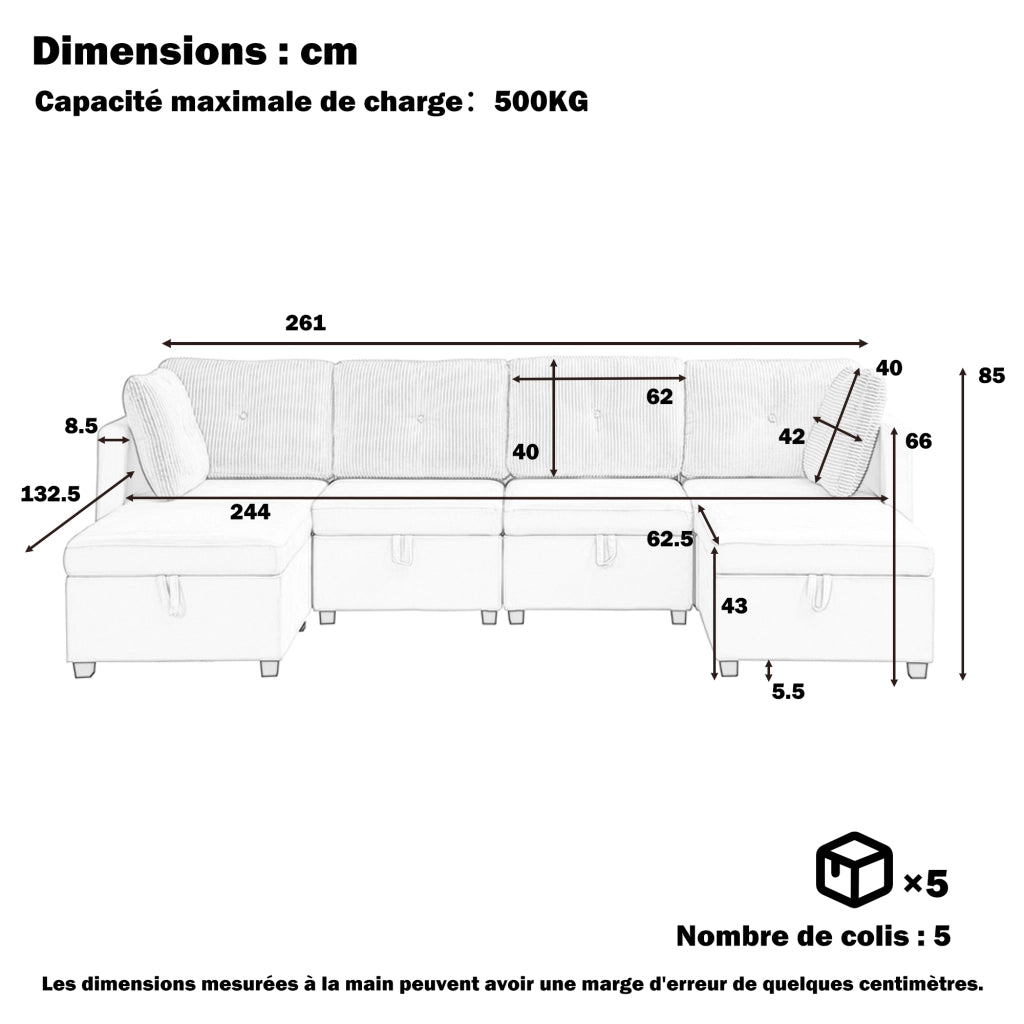 Divano Modulare a U con Contenitore; Beige