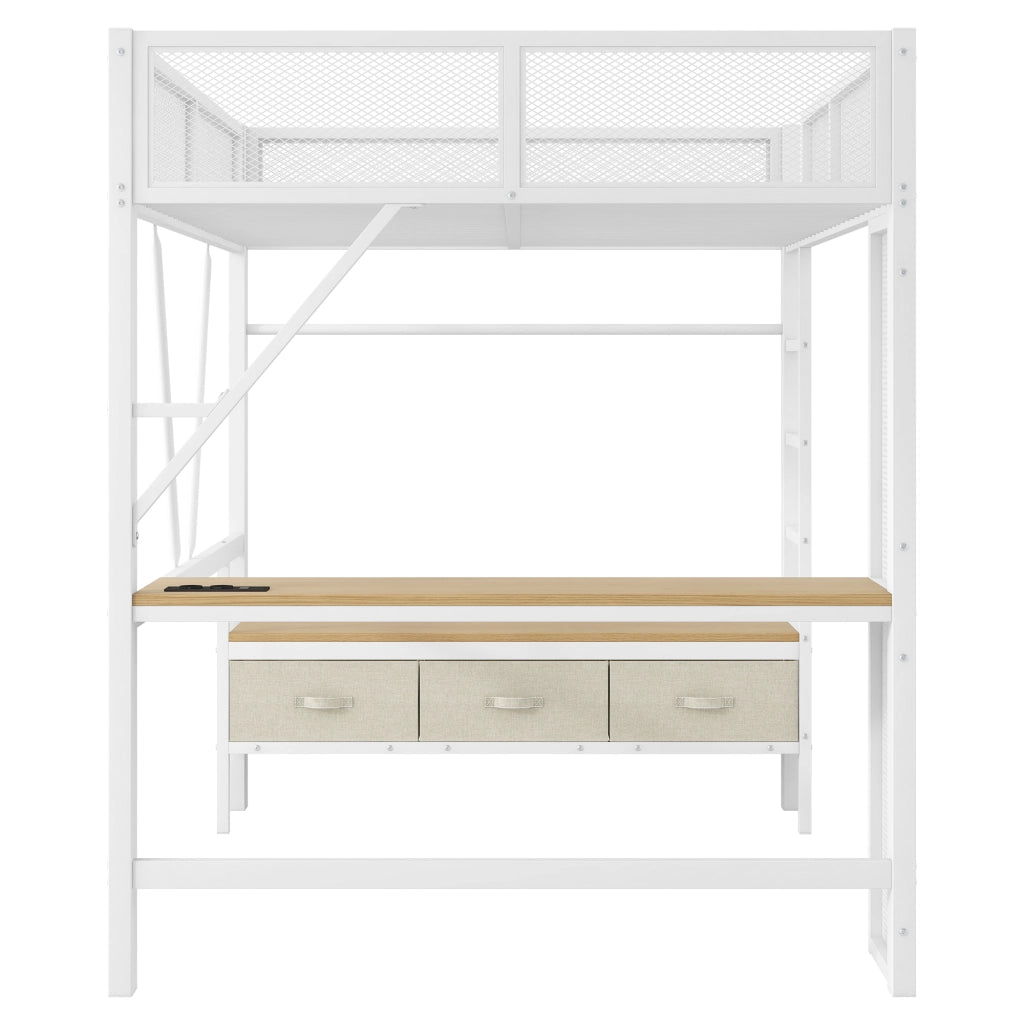 Letto a soppalco 140x200 cm in metallo bianco con scrivania; LED e cassetti