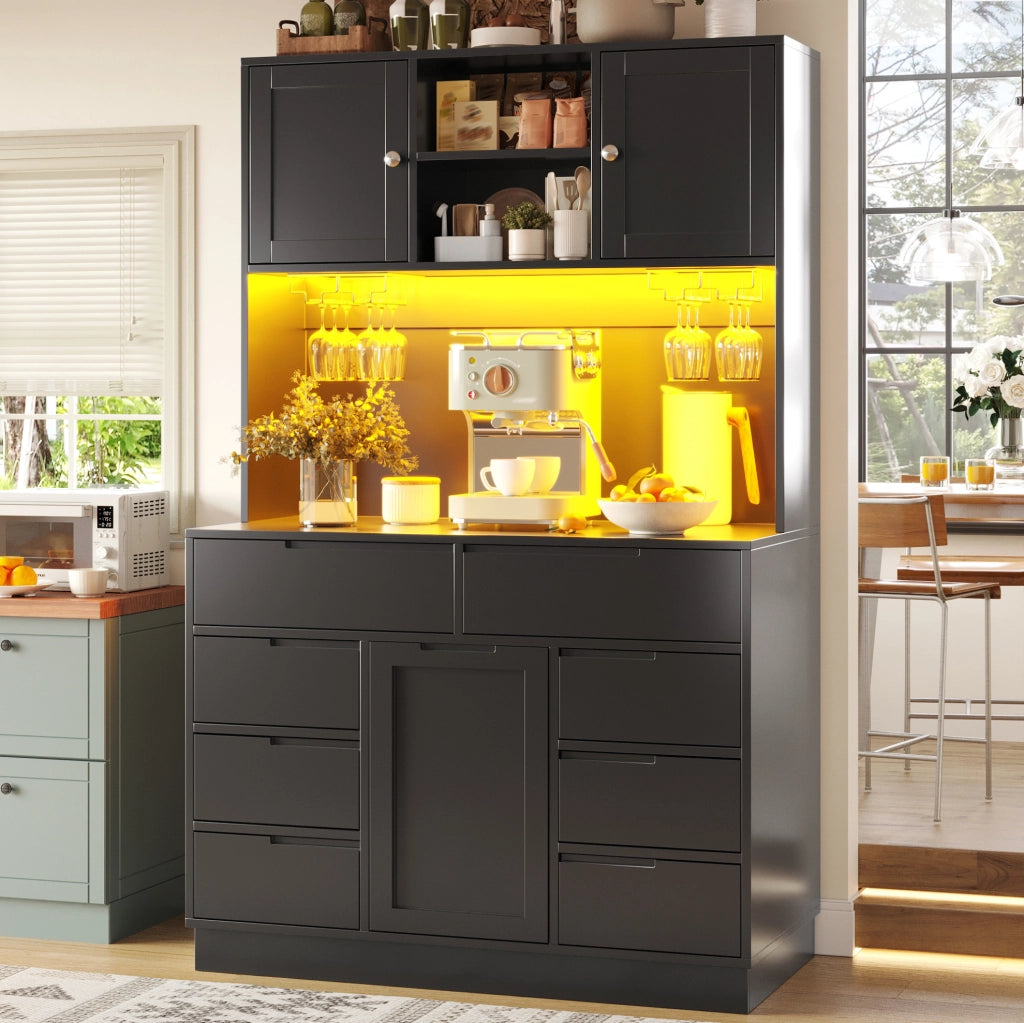 Colonna cucina con LED smart, 8 cassetti, MDF, nera