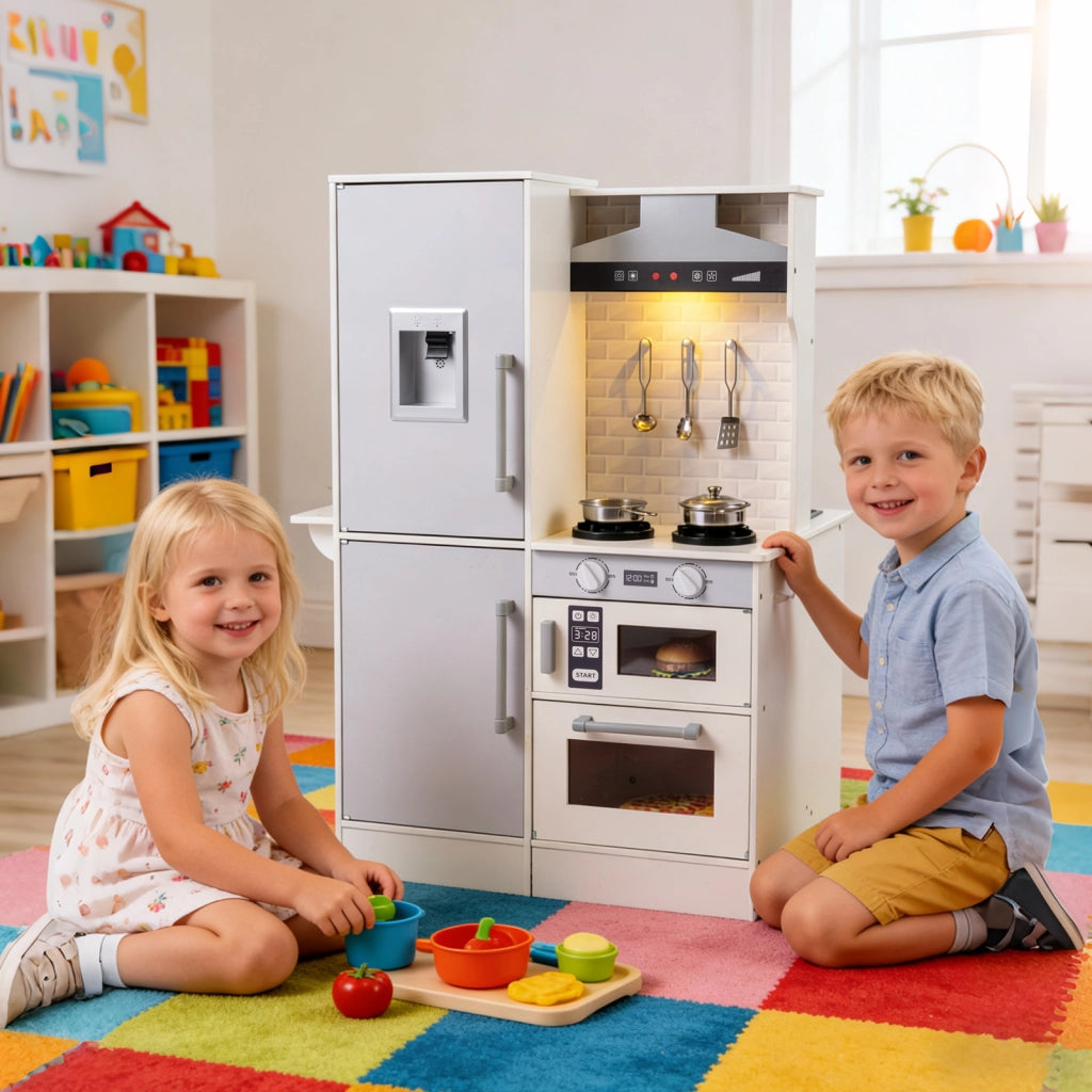 Cucina giocattolo bambini bifacciale legno acqua cappa microonde utensili, Cucina giocattolo luci suoni imitazione bambini 3+ anni Bianco