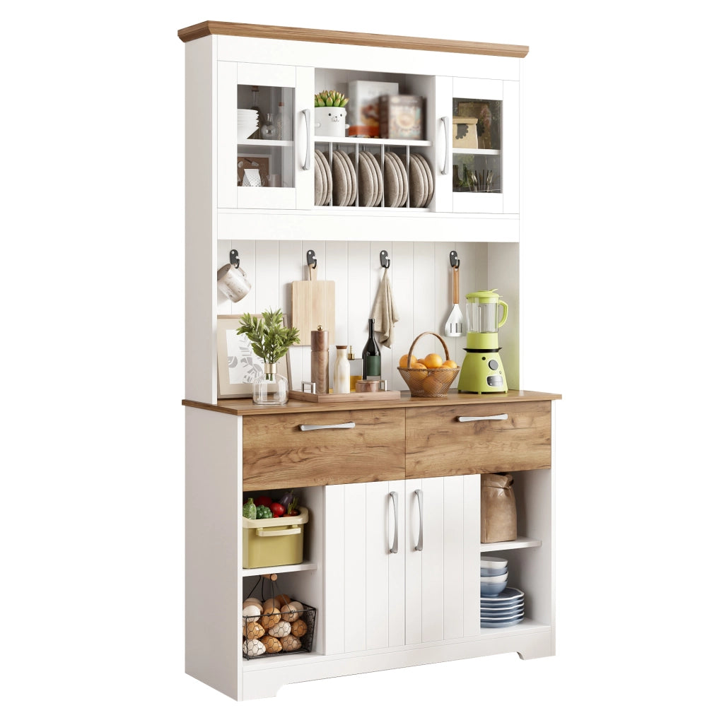 Buffet grande da cucina con ampio spazio di archiviazione, vetri trasparenti, 2 cassetti, ante e appendiabiti – 106×39×176,5 cm, bianco e color legno