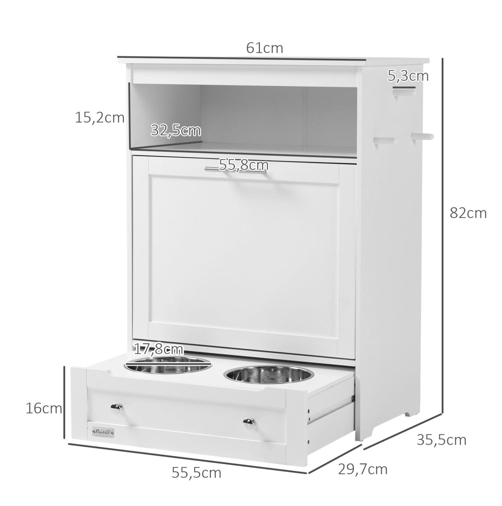 Stazione pappa per animali con vano contenitore, ripiano aperto e cassetto estraibile, 61 x 35,5 x 82 cm, bianco