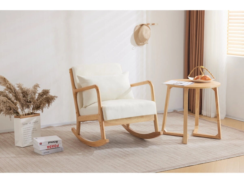 Sedia a dondolo in stile scandinavo in bouclé e legno "Clinton" - Beige