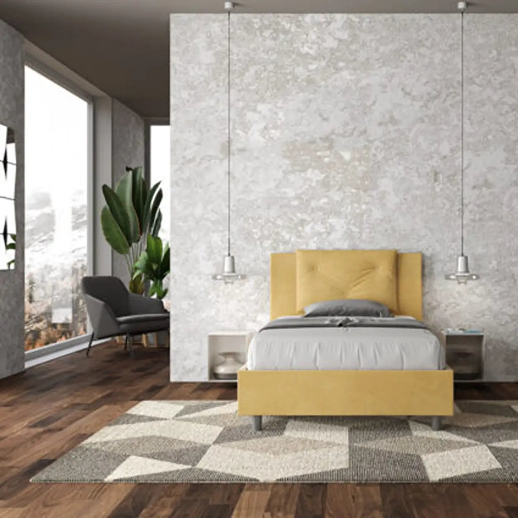 Letto una piazza e mezza contenitore imbottito 120x210 microfibra ocra Appia