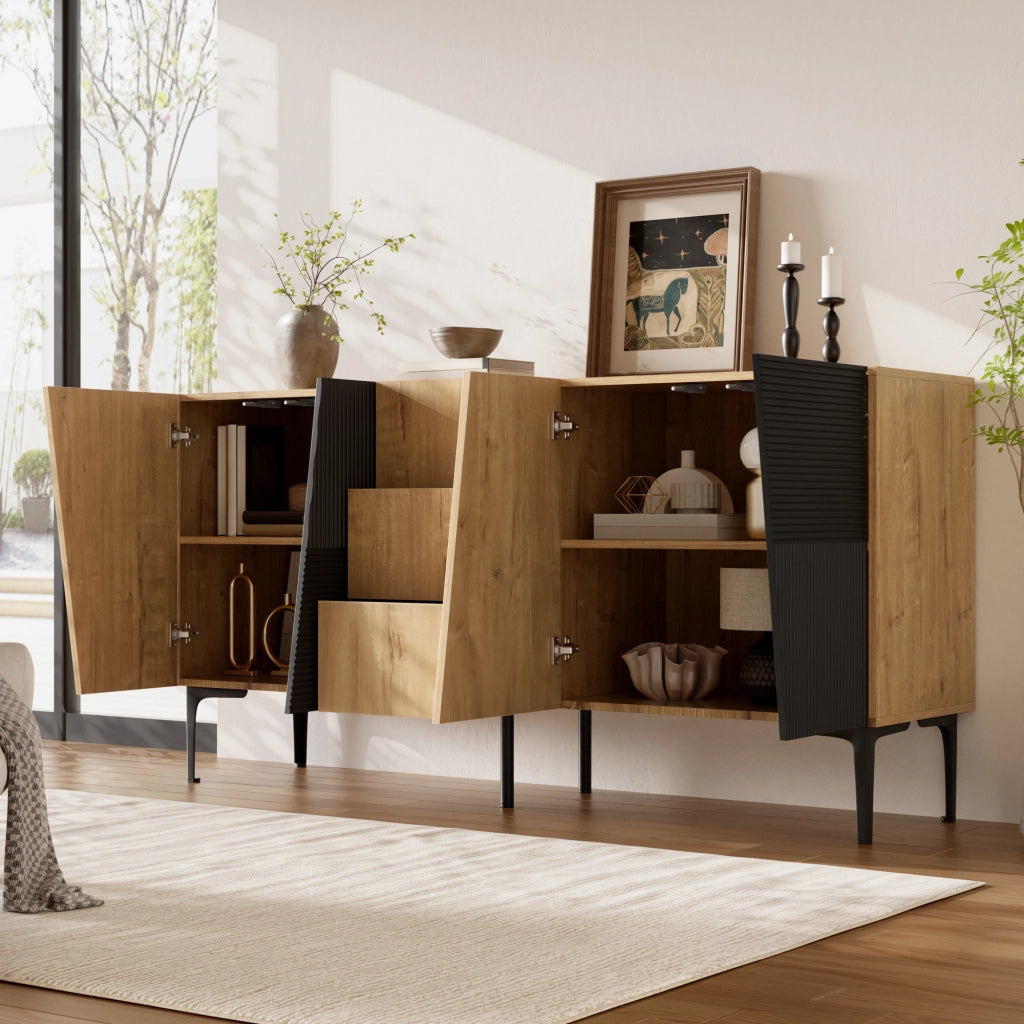 Credenza con 4 ante, 3 cassetti e ripiani regolabili per soggiorno, in truciolare nero e naturale, 160 × 40 × 80 cm