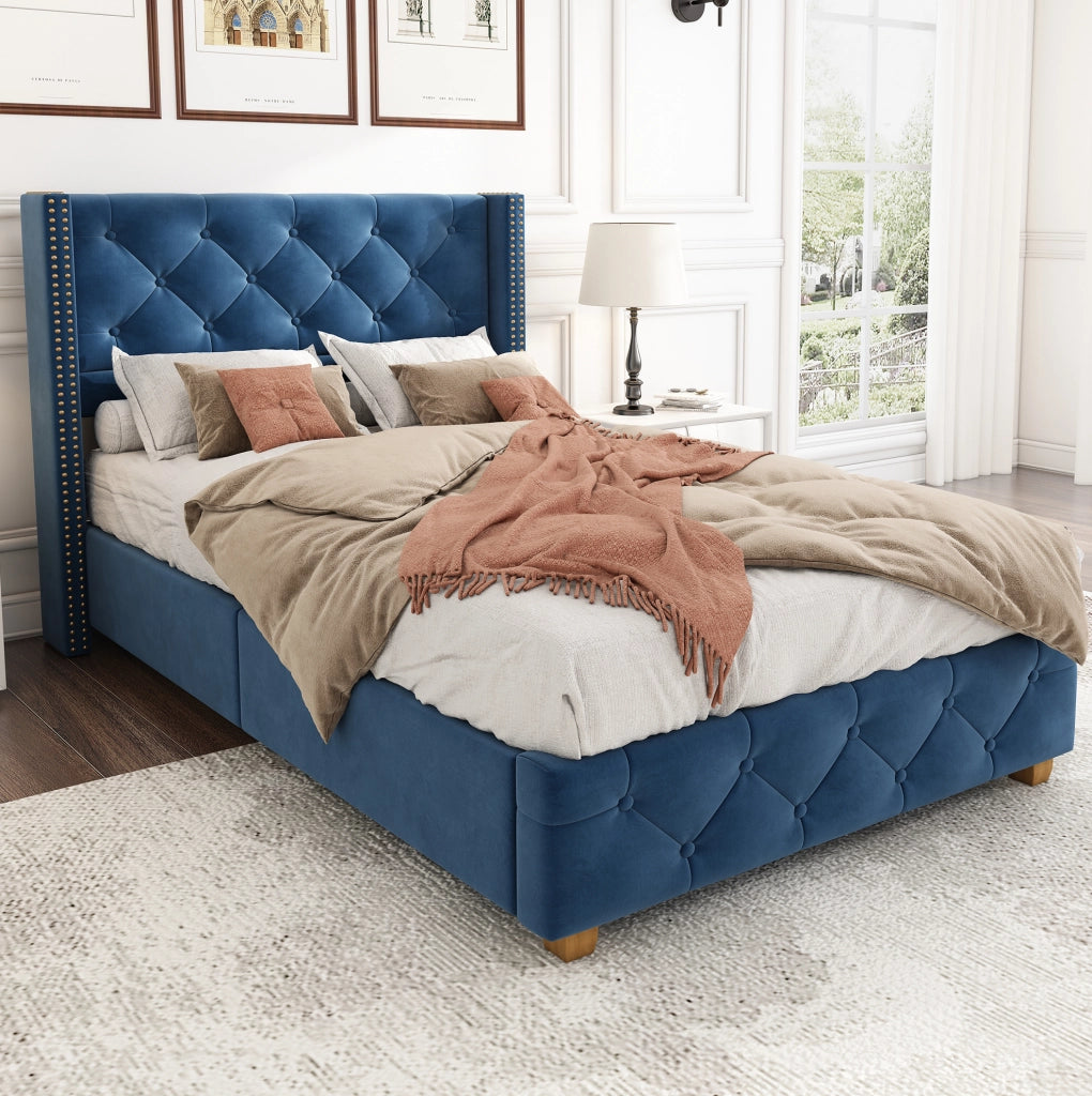 Letto imbottito in velluto blu 90x200 cm con rete a doghe e testiera capitonné