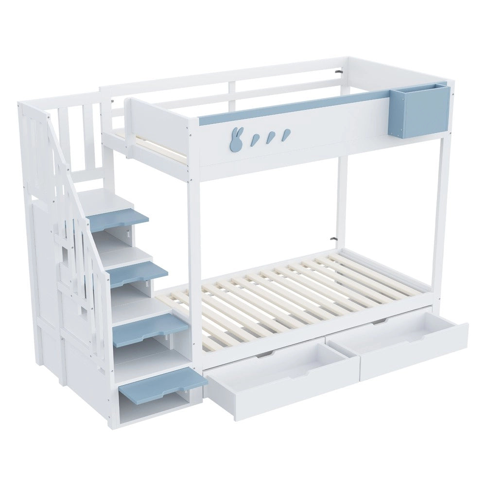 Letto a Castello Bambini con Cassetti e Doghe ¨C MINIMAL ¨C Bianco e Blu 90x200