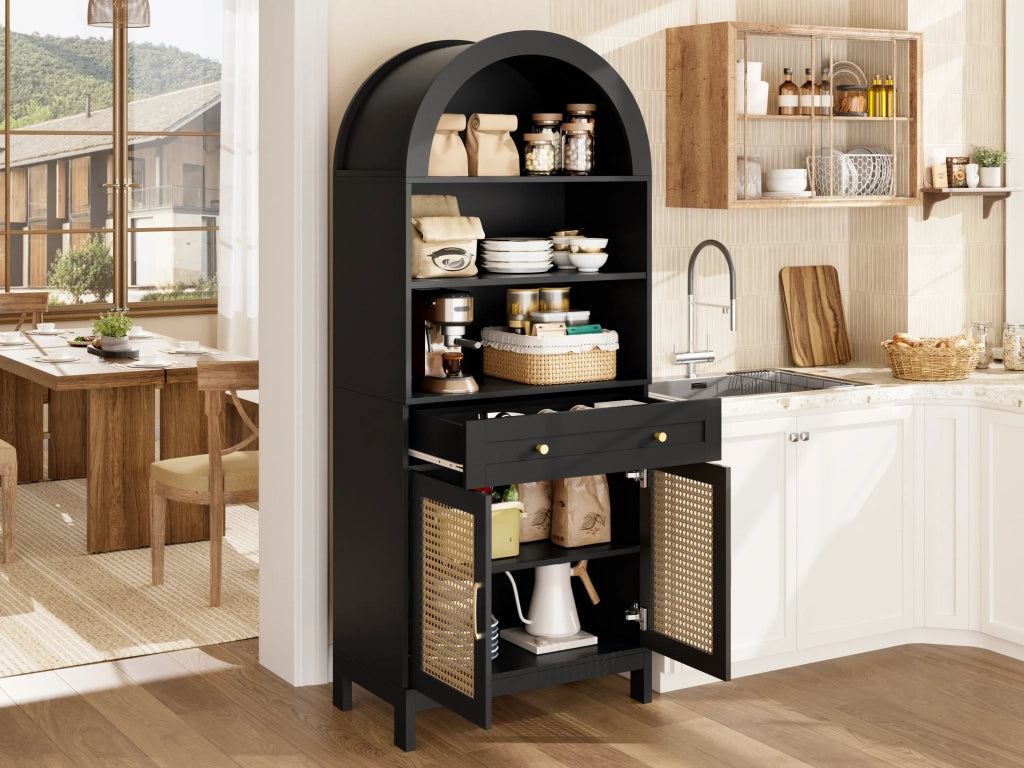 Vetrina moderna ad arco 70x40x170 cm, nero e legno, ante in rattan, 3 ripiani espositivi, 2 ante, 1 cassetto, per soggiorno e ingresso