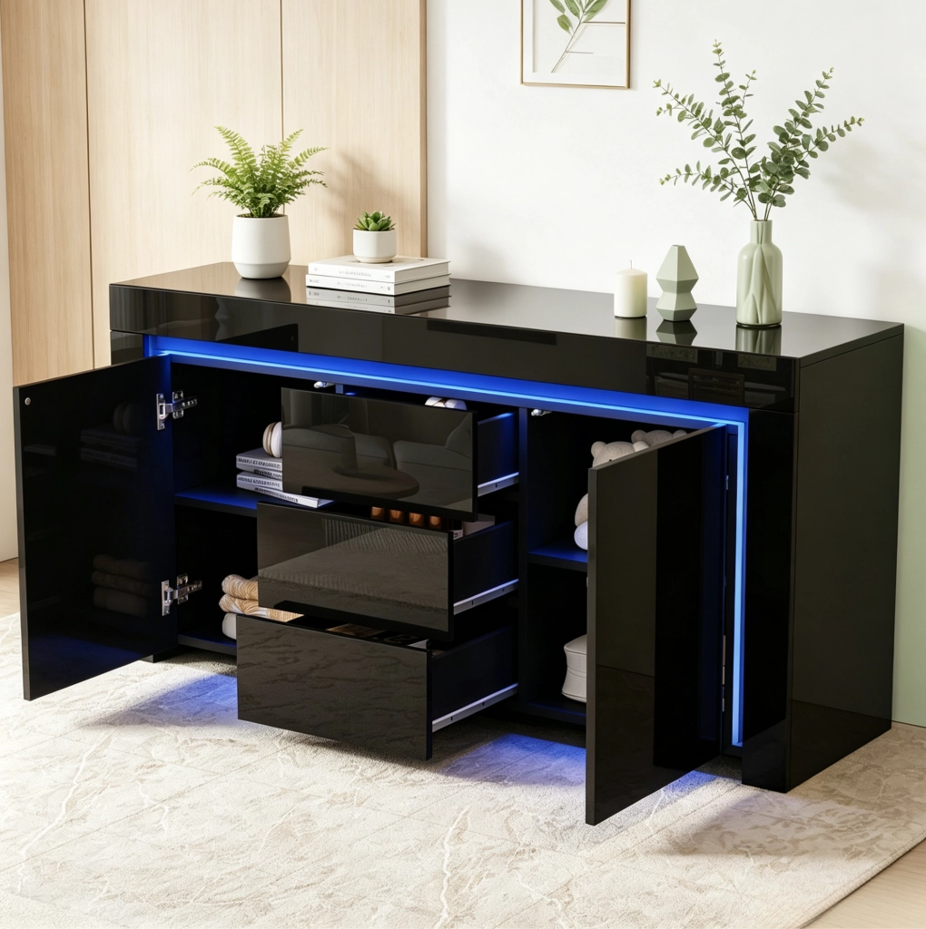 Sideboard nero lucido con LED, 2 ante e 3 cassetti 140 cm