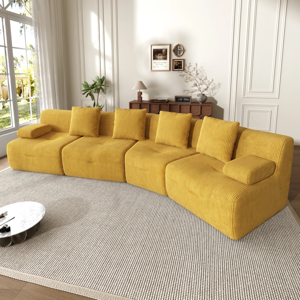Divano modulare 4 sedili 311x90x65 cm; divano compresso senza montaggio con moduli liberi; velluto a coste; carico 400 kg; giallo brillante