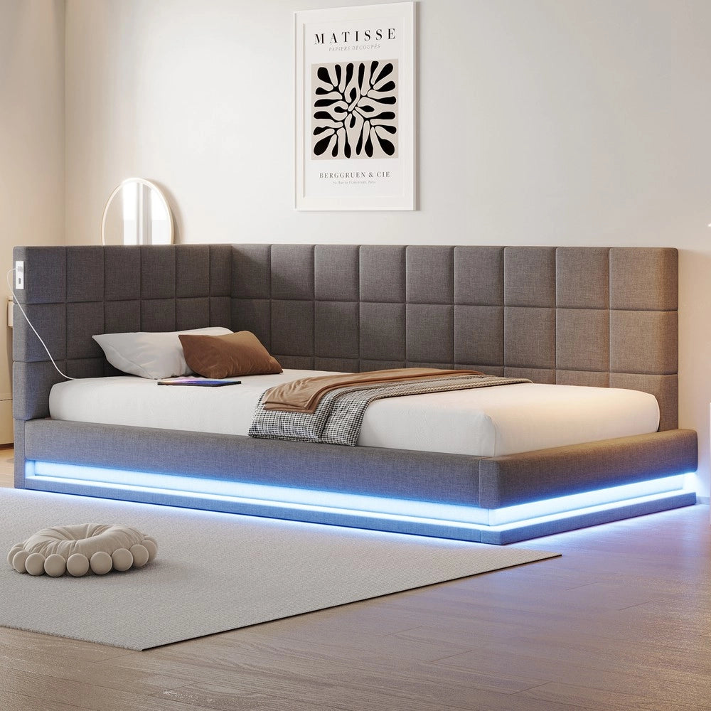 Letto Imbottito con LED e Rete a Doghe ¨C MINIMAL ¨C Tessuto Grigio 90x200