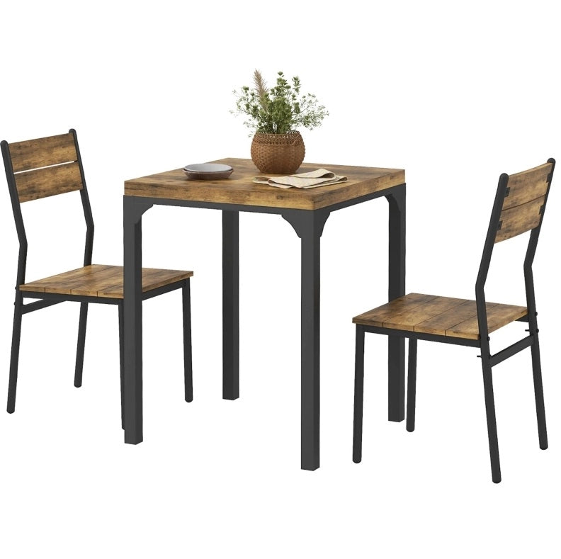 Set pranzo 3 pezzi marrone rustico con 1 tavolo e 2 sedie in MDF e metallo