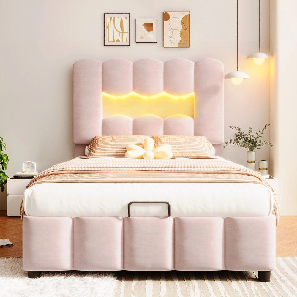 Letto Imbottito con Contenitore e LED ¨C MINIMAL ¨C Velluto Rosa 90x200