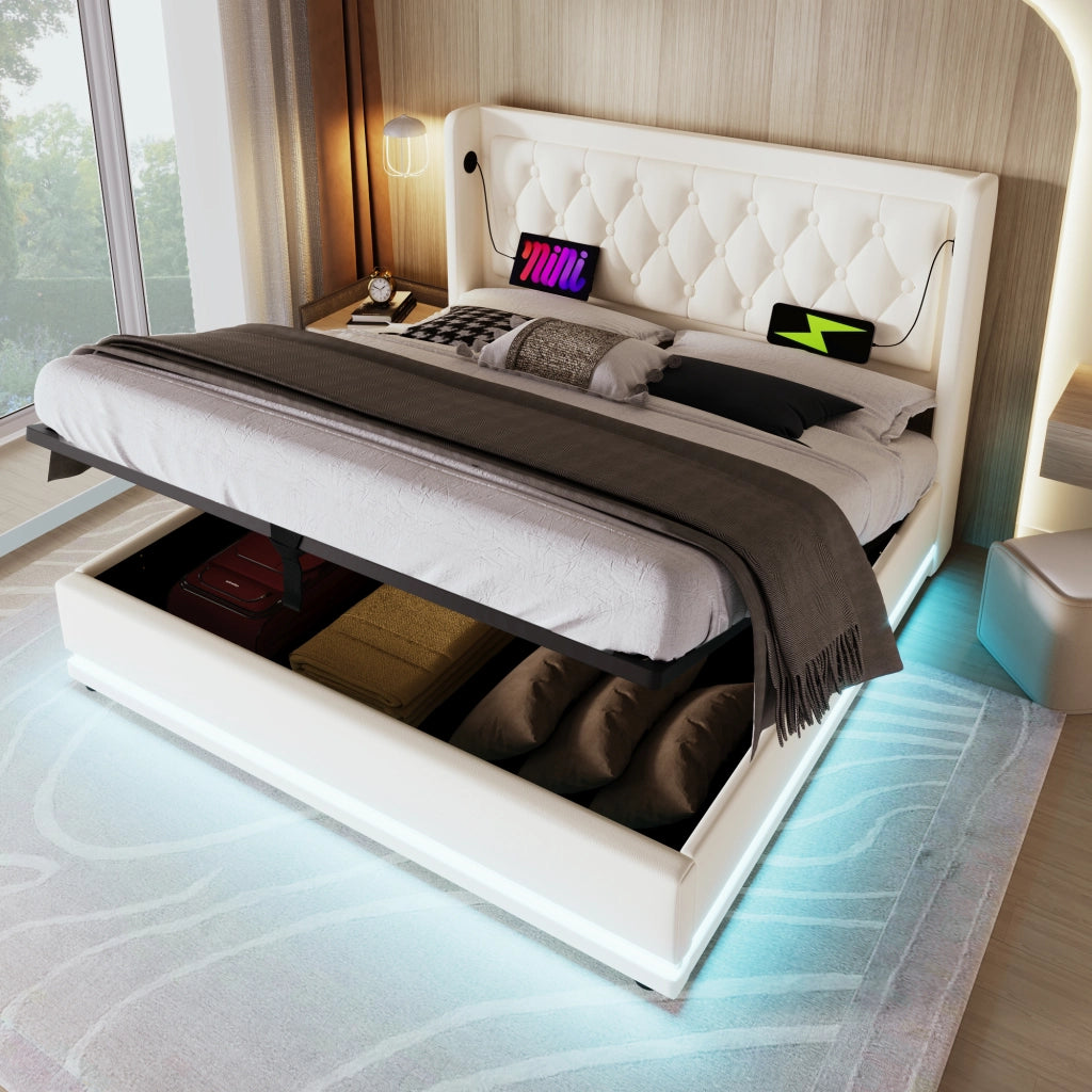 Letto Contenitore 140x200 cm; Matrimoniale - USB; Type-C; LED 3 lati - PU Bianco