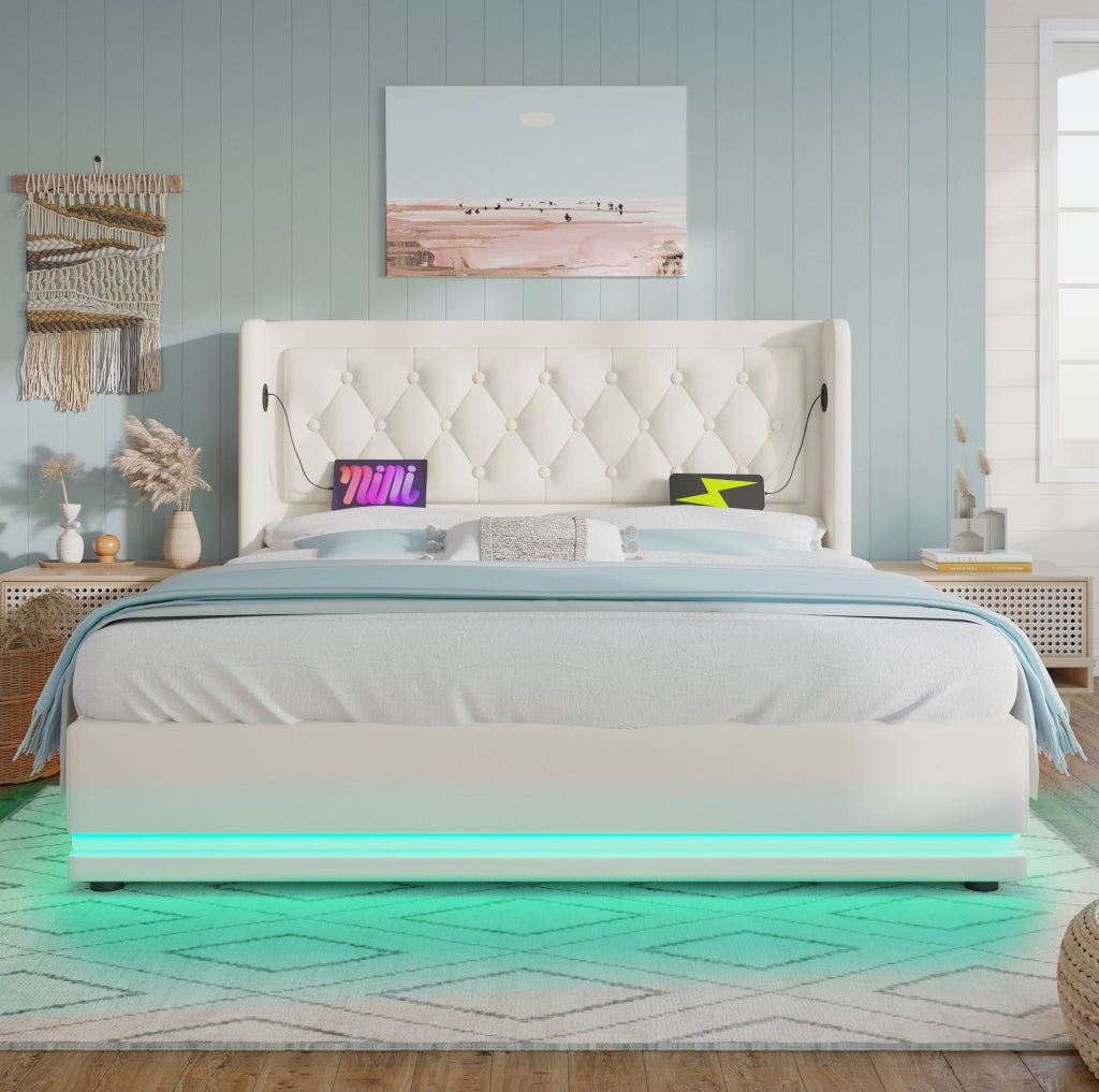 Letto matrimoniale imbottito 140x200 cm con contenitore, USB Type-C e LED