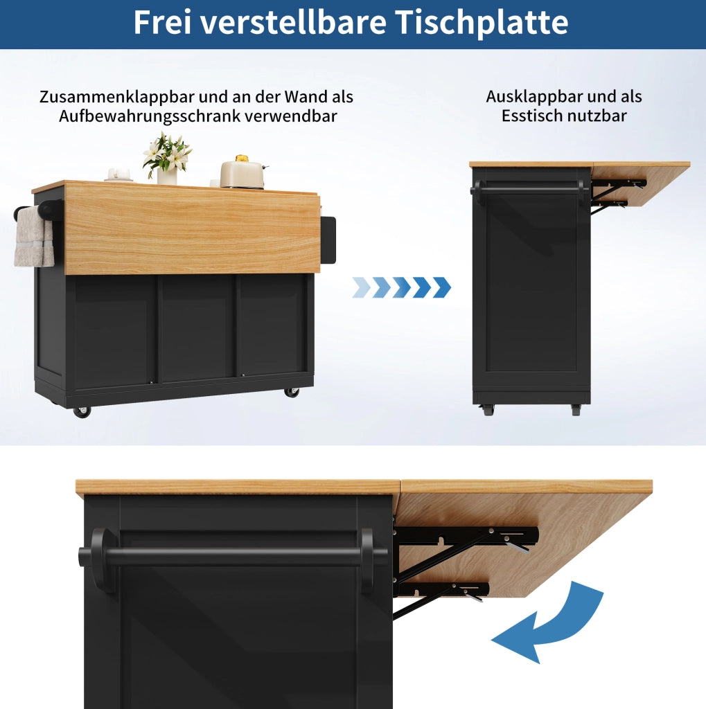 CARRELLO CUCINA con piano pieghevole 140x40x93,5 cm nero MDF