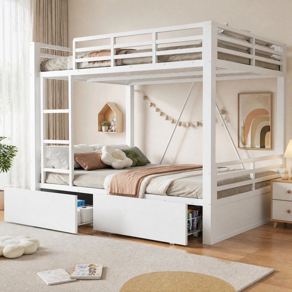 Letto a castello in metallo 140x200 cm con cassetti; scala e sponde; bianco