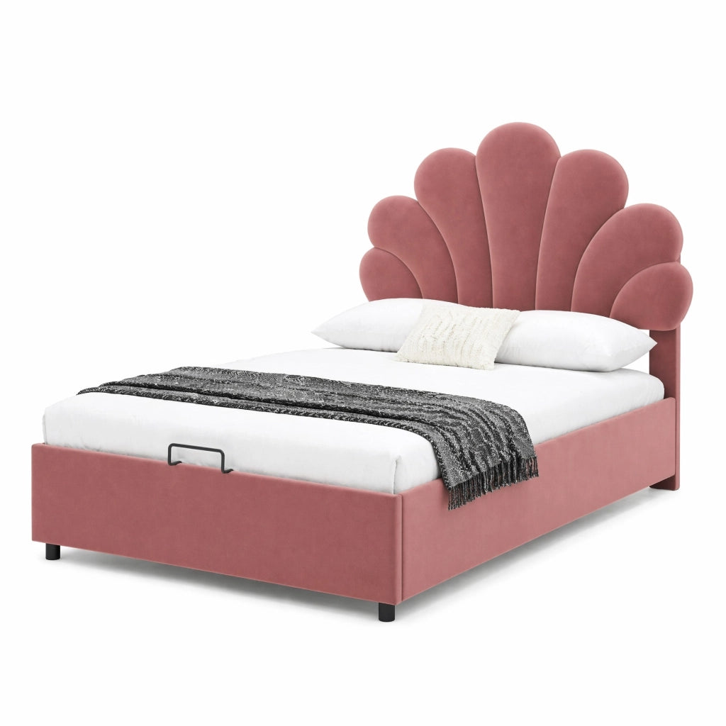 Letto imbottito 90x200 cm rosa con testiera floreale, vano contenitore e rete a doghe