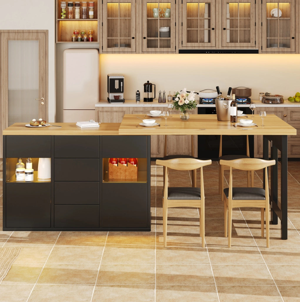 Mobile isola cucina girevole 360° con LED RGB via app, 120-197 cm, 4 cassetti e ante in vetro, nero