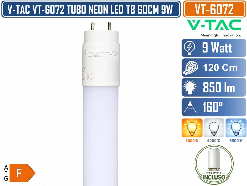 V-TAC VT-6072 TUBO LED T8 G13 9W 60 CM 850 LM IN NANOPLASTICA CON STARTER INCLUSO - Colore Luce:Bianco Caldo