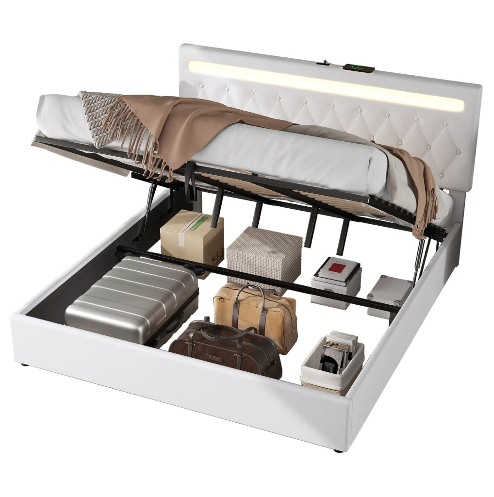 Letto imbottito 180 x 200 cm con sollevamento idraulico e luce LED