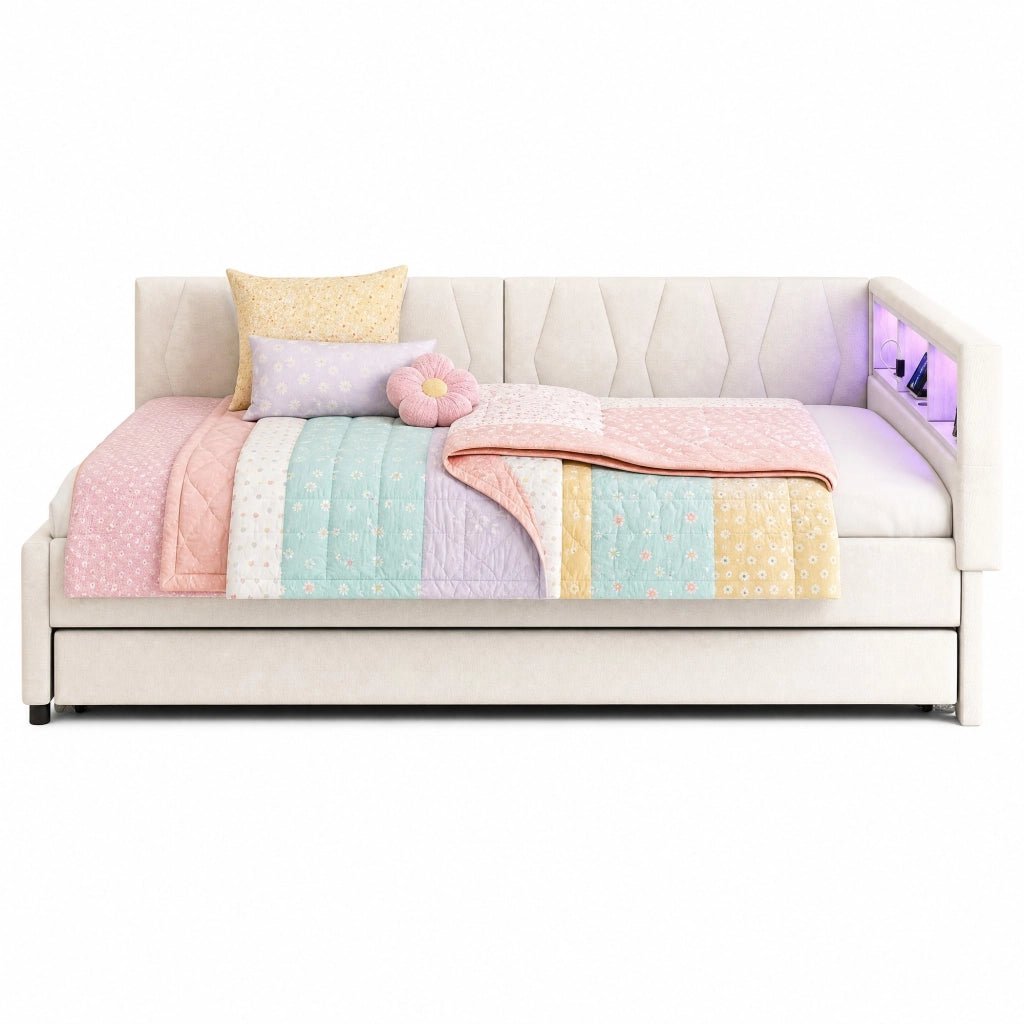 Letto Giorno Multifunzionale 140x200 cm con LED, Porta USB e Ripiani, Struttura in Lino Beige con Rete a Doghe Senza Materasso