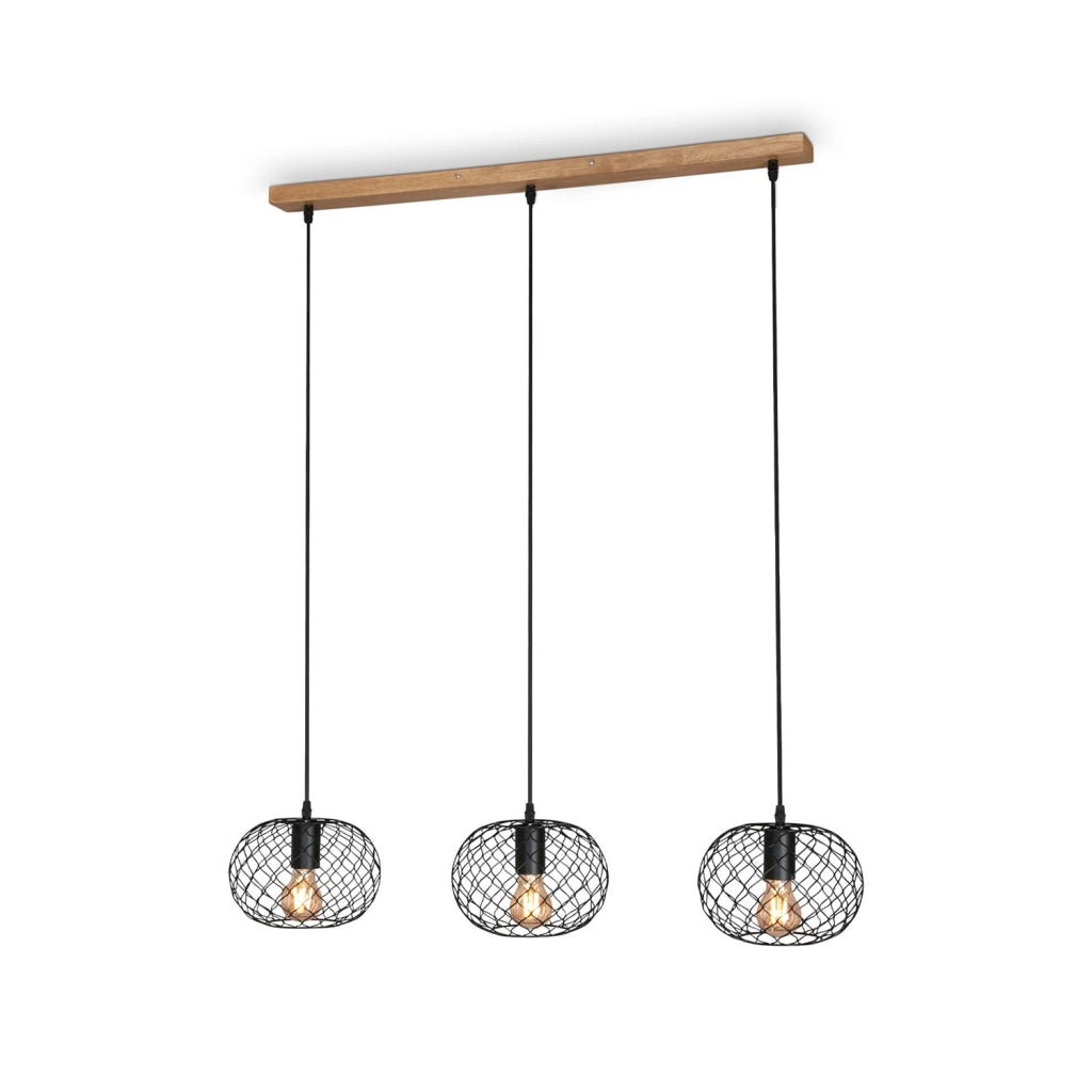 Lampadario Vintage Winki Legno Marrone Metallo Nero 3 Luci E27