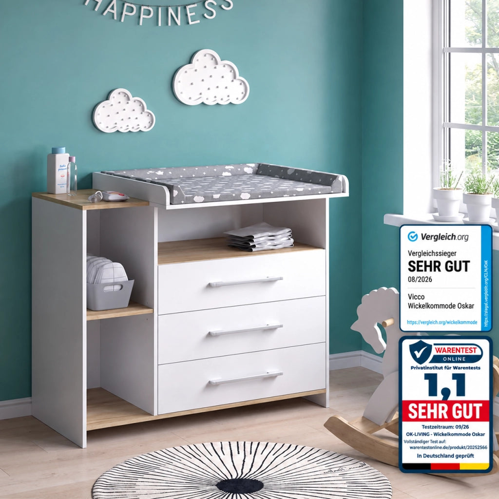 Fasciatoio Oskar Bianco/Rovere dorato 113 x 93 cm con 3 cassetti Vicco