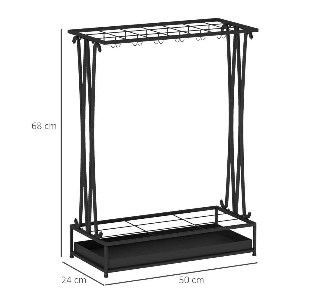 Portaombrelli in acciaio con 24 ganci e 21 fori, base rettangolare 50x24x68 cm, con vaschetta raccogli acqua rimovibile, nero
