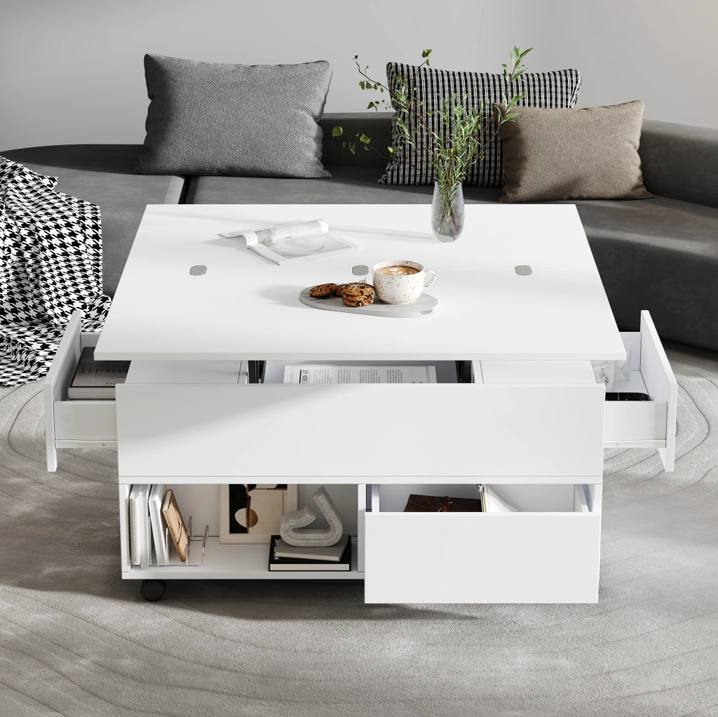 TAVOLINO Alzabile 100x50x52 cm Bianco con Ruote e 4 Cassetti