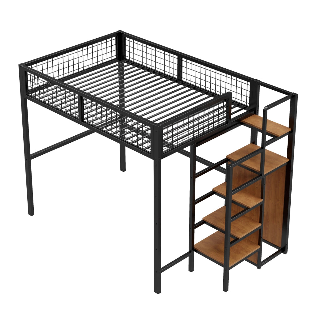Letto a soppalco 140x200 cm nero con armadio e scala