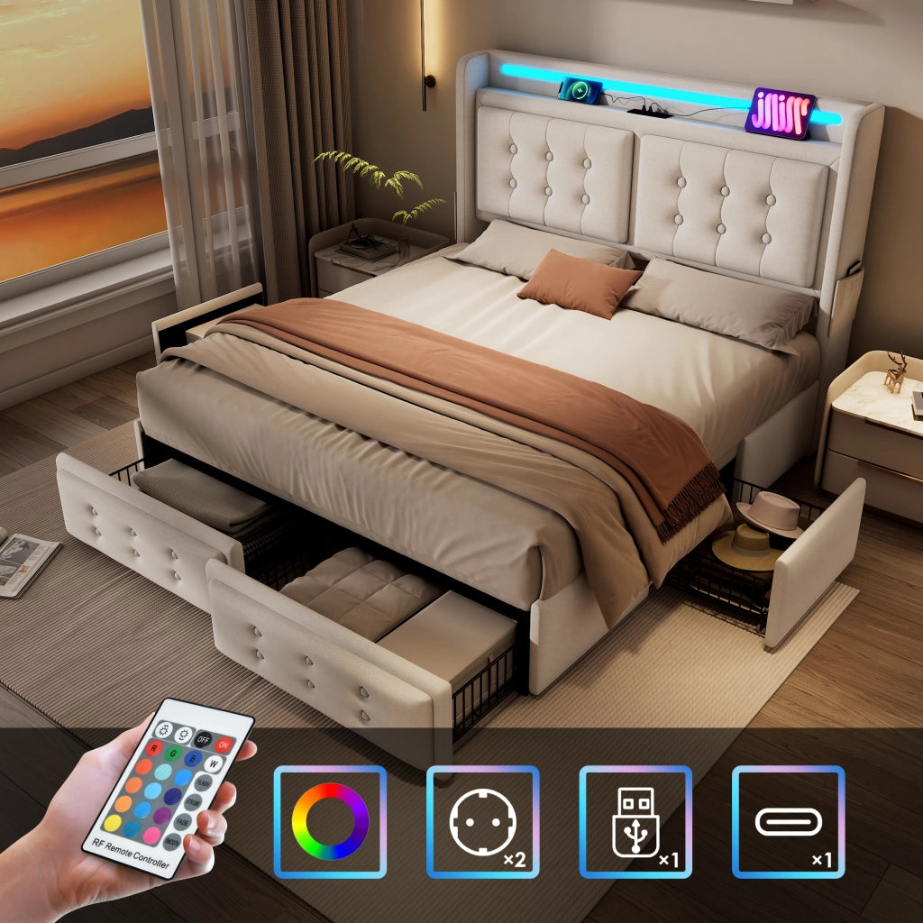 Letto matrimoniale contenitore 140x200 beige con testiera imbottita e LED