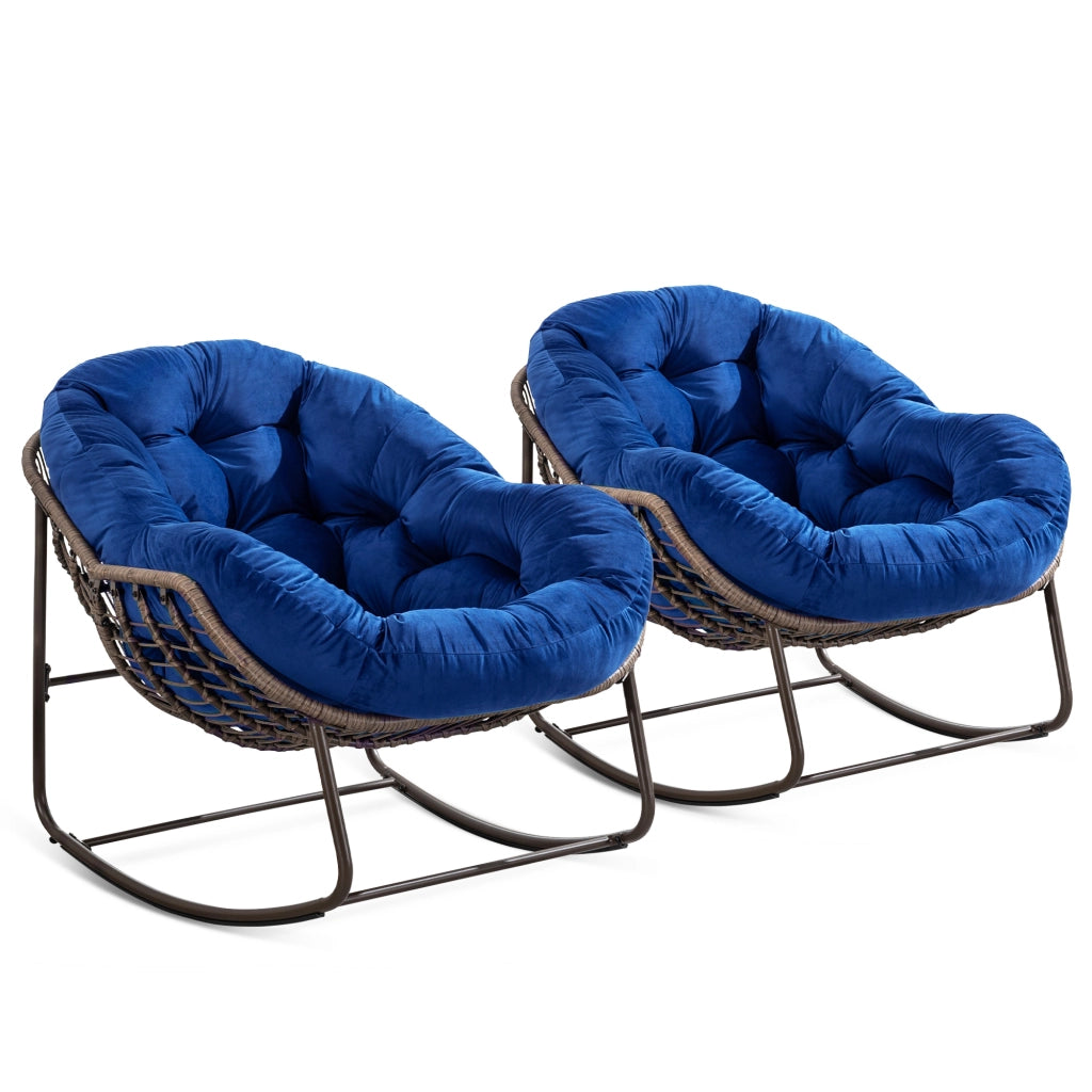 Sedia a dondolo da esterno in rattan, sedia reclinabile imbottita con cuscino per esterni, ideale per veranda, soggiorno, patio e giardino, blu navy.