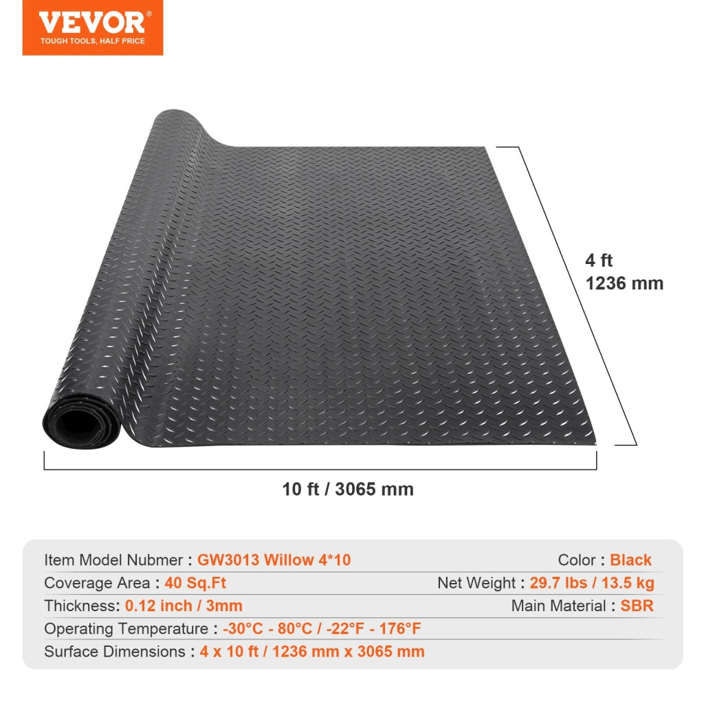 Tappeto in gomma SBR antiscivolo 1236x3065 mm, rotolo per pavimento spessore 3 mm nero, per garage, magazzino e officina