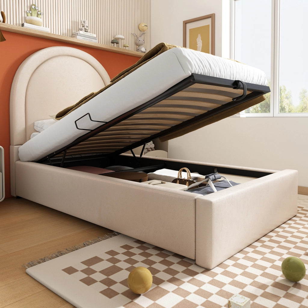 Letto imbottito singolo 90×200 cm con contenitore e rete sollevabile; materasso incluso; PU; beige
