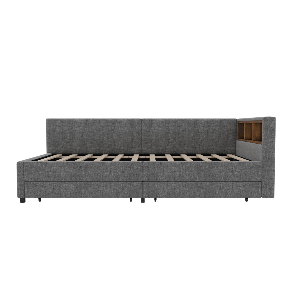 Letto con cassetti 90 × 200 cm con LED USB e Type-C in lino e MDF grigio con vani nella testiera