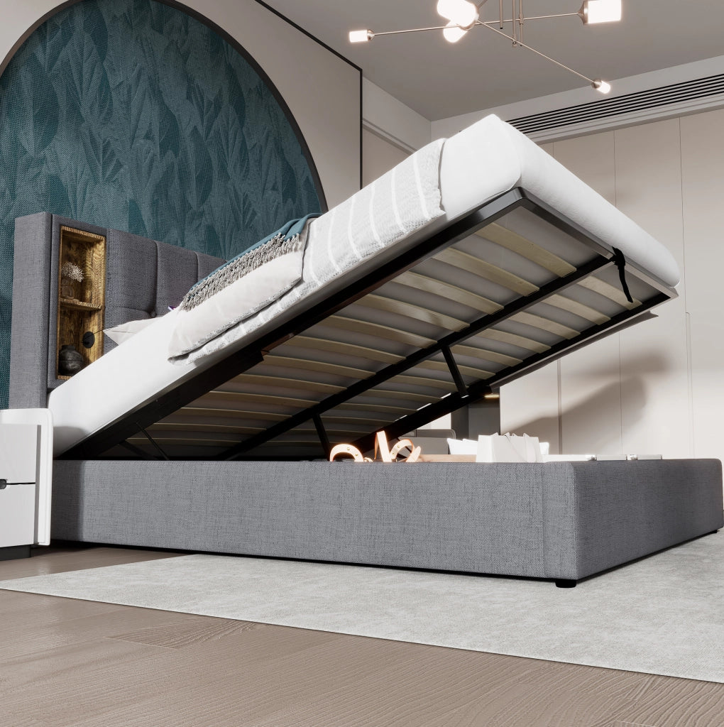 Letto matrimoniale imbottito 160x200 cm grigio con ricarica wireless; USB e contenitore