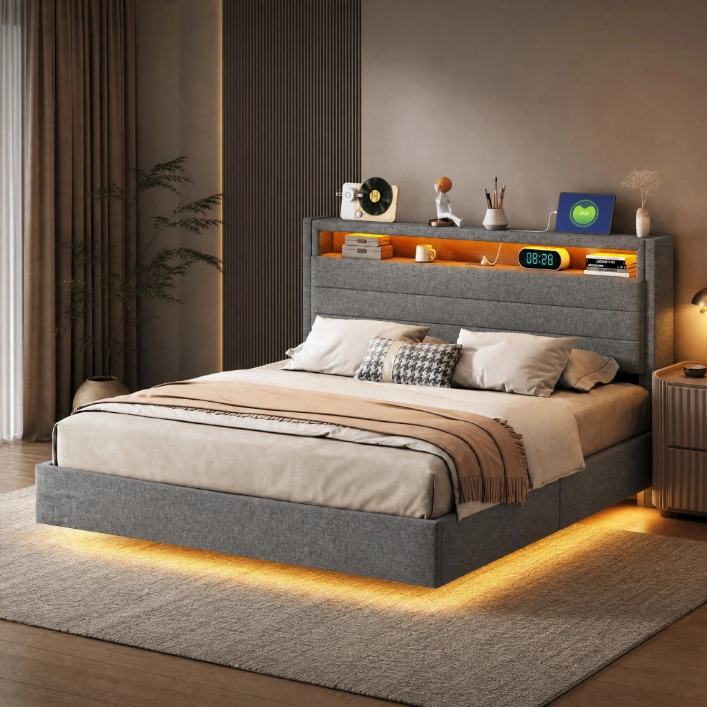 Letto imbottito 140x200 cm con contenitore idraulico, USB e LED in lino grigio