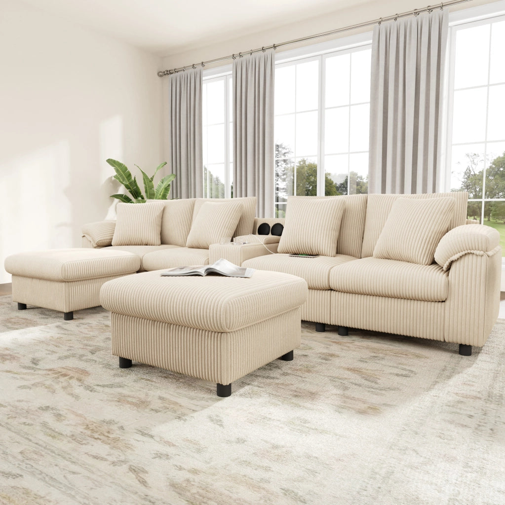 Divano modulare ULEVR 315,5x144 cm beige con console Bluetooth, ricarica wireless, USB/Type-C e portabevande