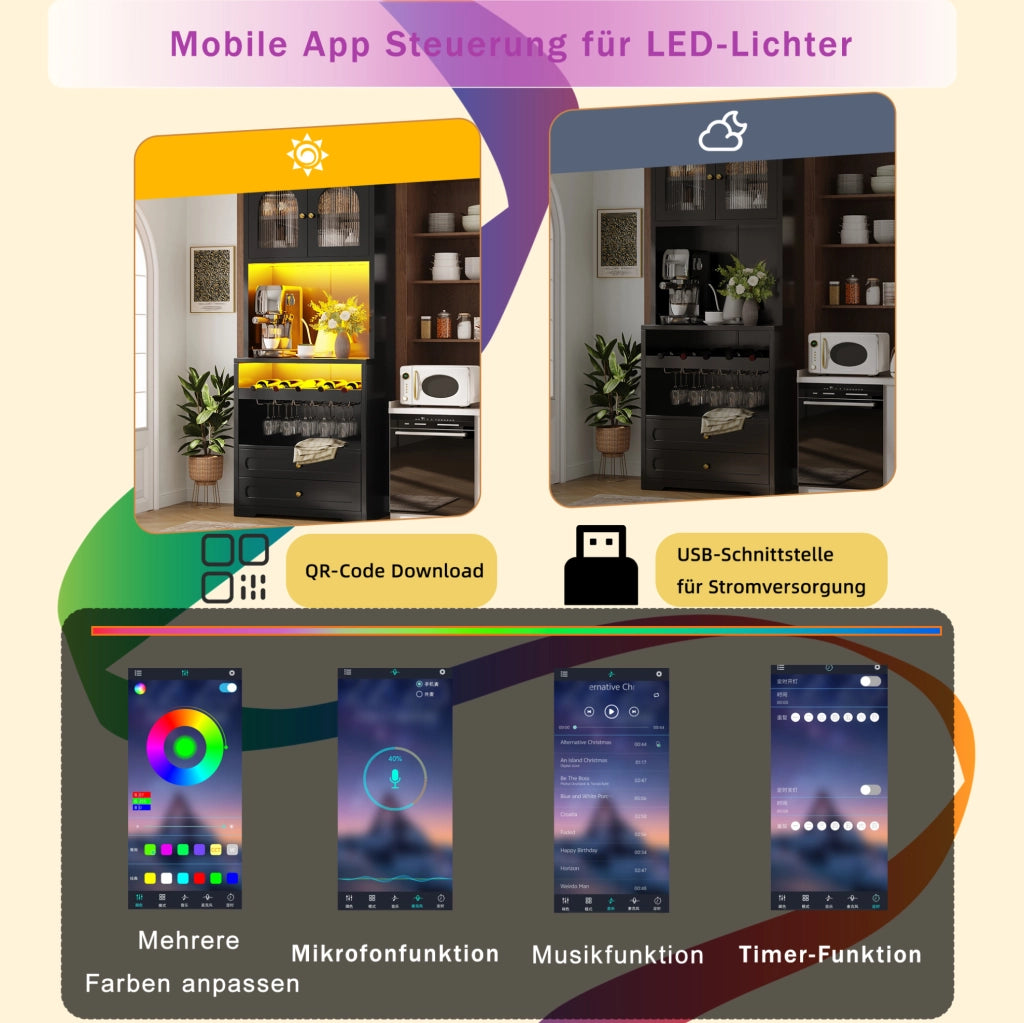 Mobile alto da cucina nero con LED smart, portabottiglie e USB
