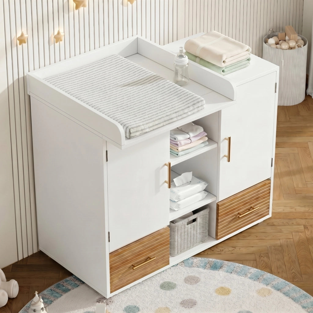 Fasciatoio multifunzione con ripiani, armadio portaoggetti con griglia rimovibile, design ergonomico, bianco, 114 x 53 x 92 cm