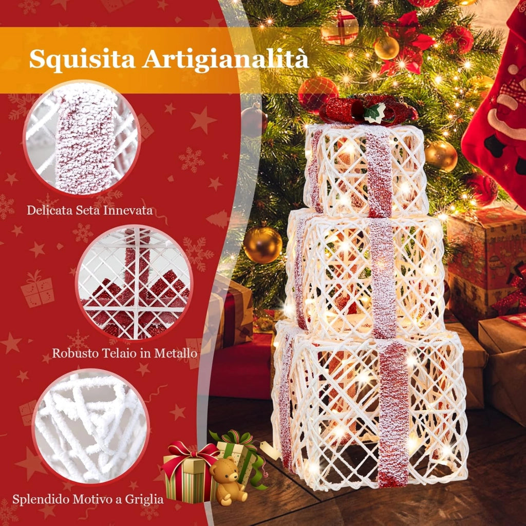 Set di 3 Scatole Regalo Illuminate di Natale, Scatole Regalo Decorativa a LED con Fiocchi Rossi, 60 Luci Calde e Funzione Timer, per Casa, Cortile, Prato