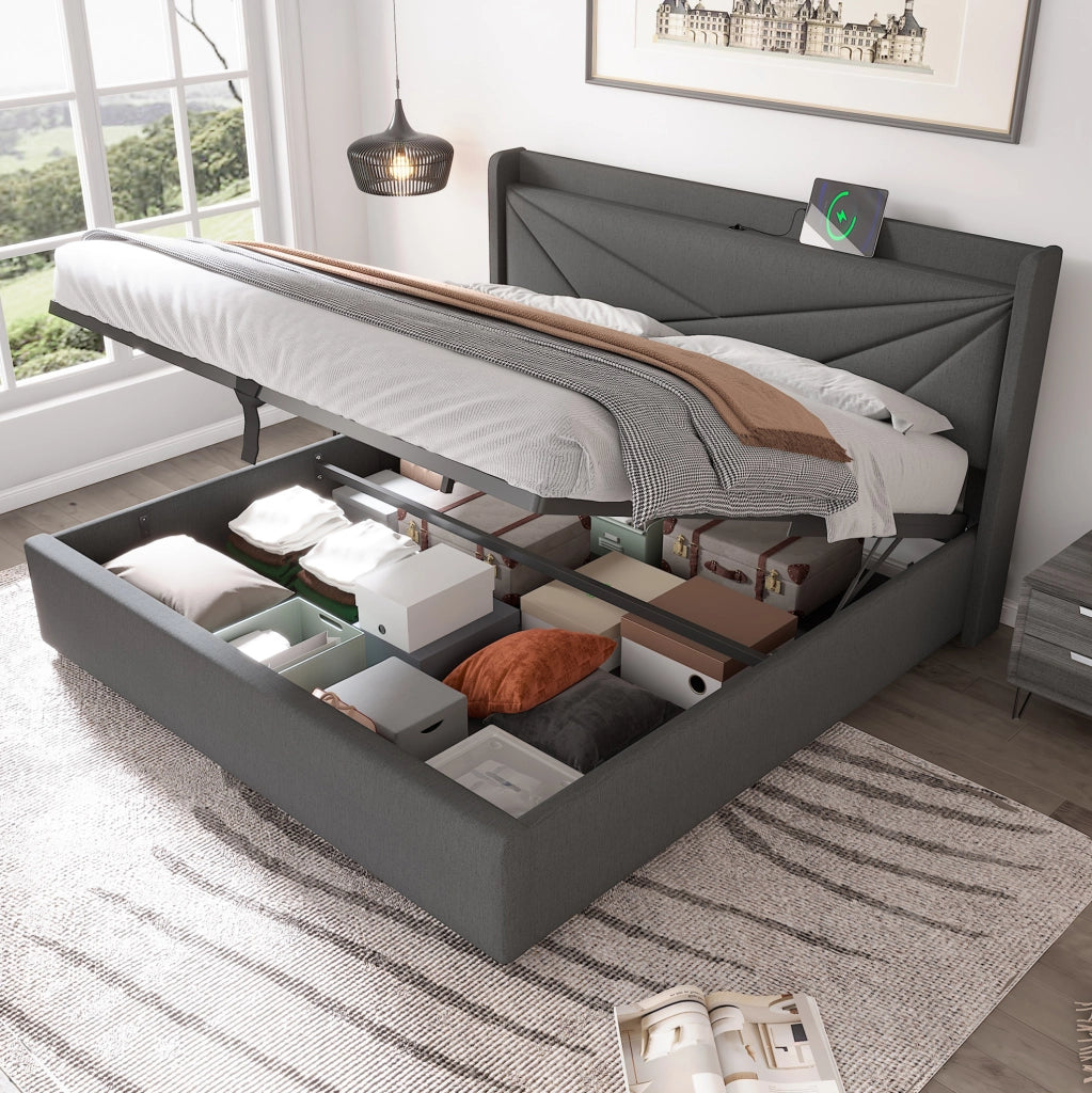 Letto matrimoniale con contenitore 180x200 cm; testiera con USB e Type-C; grigio