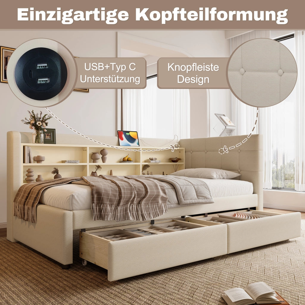 Letto singolo 90×200 cm con 2 cassetti; USB; Type-C e ripiani; senza materasso; lino; beige