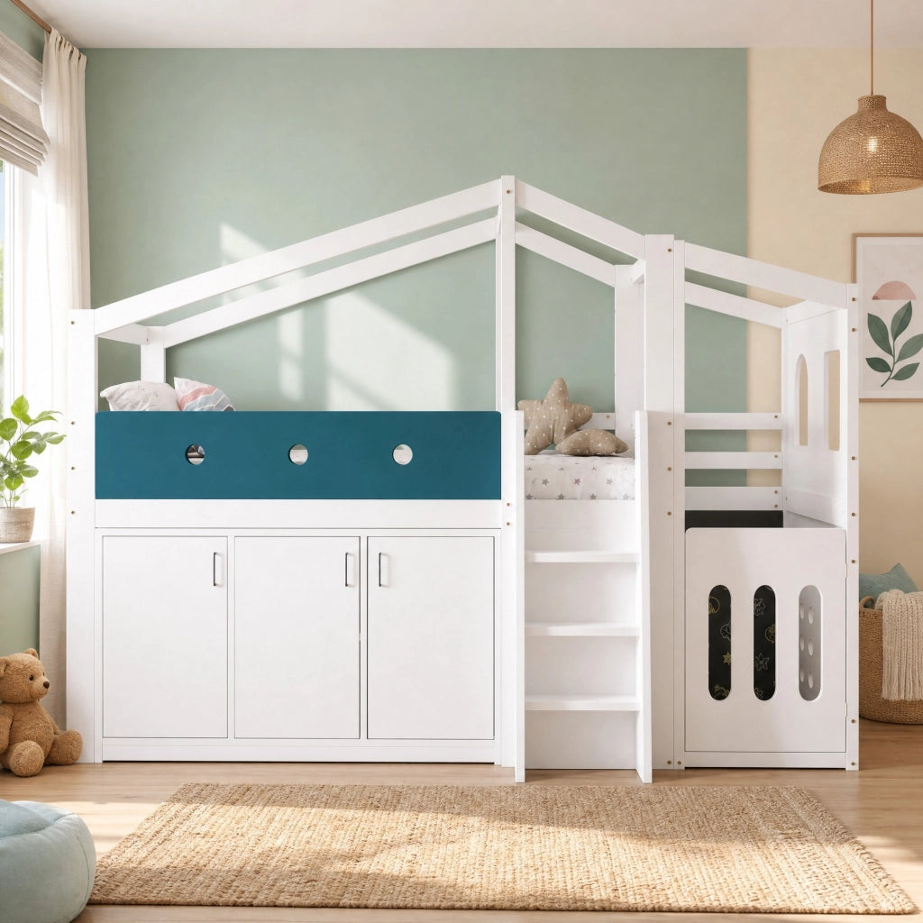 Letto a soppalco 90 × 200 cm con area gioco e armadio integrato in legno e MDF bianco
